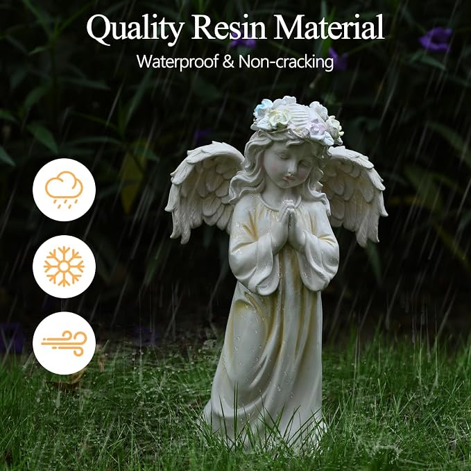 Angel Garden Statue, Memory Guardian Solar Decor with Warm Light | Waterproof Outdoor Garden Decor Praying Angel Figurine Sculpture for Lawn Yard Patio, Sympathy Present, White