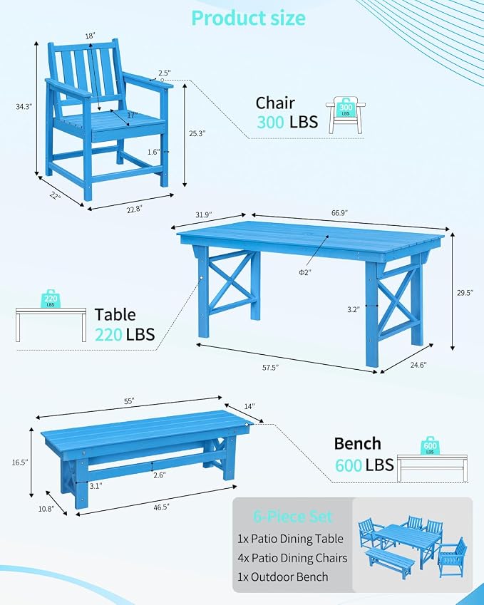 Outdoor HDPE Dining Table Set, 6-Piece Outdoor Patio Dining Sets with Umbrella Hole Table and 1 Bench and 4 Chairs for Backyard, Deck, Garden and Poolside, Blue