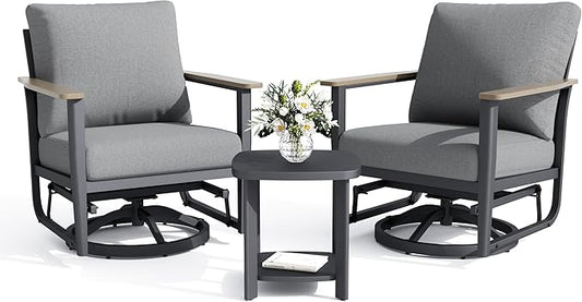 Aluminum Swivel Rocking Chairs, 3-Piece Outdoor Patio Furniture Set with Side Table, Rust-Proof Metal Gliders with Wood-Like Armrests & 5.1" Thick Cushions for Backyard, Porch, Gray