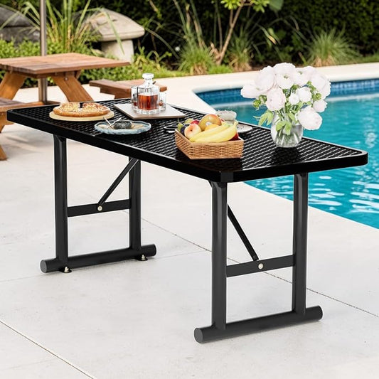 4FT Picnic Tables for Outdoors, Black Rectangular Heavy Duty Commercial Picnic Table with Umbrella Hole, Weather-Resistant Camping Table Dining Table for Backyard, Patio, Garden, Shops, Parks