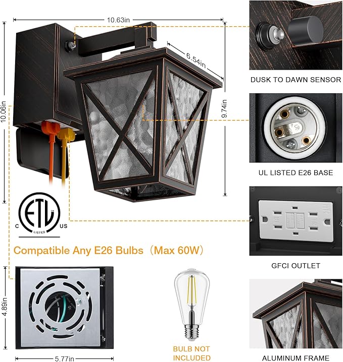 Ehaho Porch Light with GFCI Outlet Aircraft Grade Aluminum Alloy Bronze 1PC | Dusk to Dawn Outdoor Lights Waterproof IP 68 Upgraded 3 Lighting Modes Exterior Light with Plug for Front Door Patio Garage