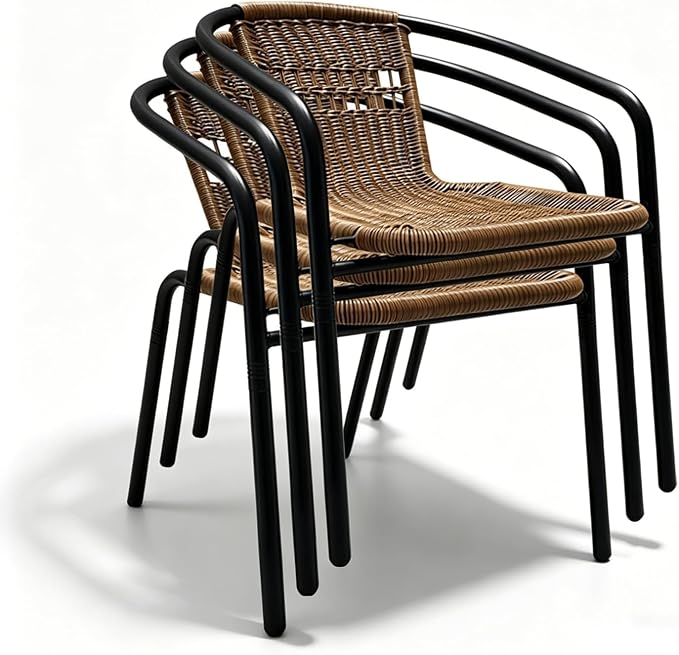5 Piece Outdoor Dining Set, Stackable Brown Patio Rattan Chairs with Metal Table, All-Weather Wicker Patio Furniture Set for Backyard, Poolside, Garden, Bistro