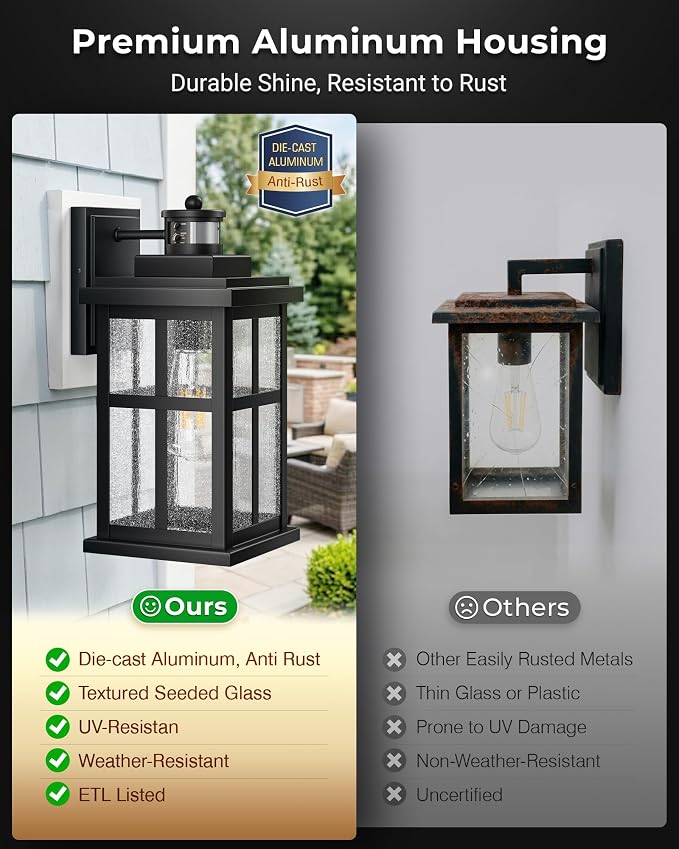 VIANIS Large Motion Sensor Porch Lights Outdoor, Moden Black Dusk to Dawn Exterior Lighting Fixtures Wall Mount for House, Anti-Rust Waterproof Outdoor Sconce Lights for Garage, Coach, Front Door