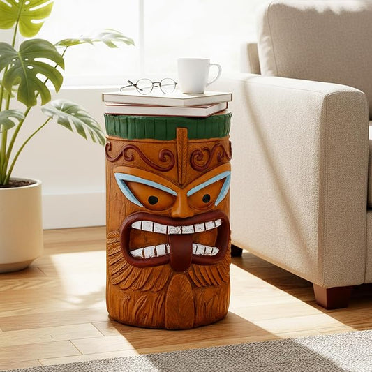 Tiki Outdoor Side Table, Fiber Reinforced Concrete Patio End Table, 20 Inch Decorative Garden Statue Stool with Wood Grain and Tribal Mask Design for Patio, Poolside, Garden, Porch