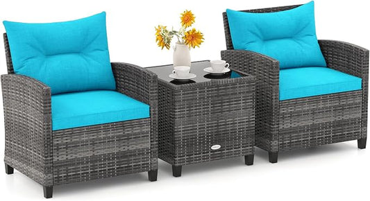 ORALNER Patio Furniture, 3 Pieces Outdoor Wicker Conversation Set Chairs with Soft Cushions and Glass Coffee Table, Rattan Bistro Set for Balcony Garden Deck Front Porch Poolside (Turquoise)
