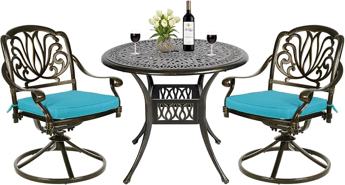 MEETWARM 3-Piece Outdoor Patio Dining Set, All-Weather Cast Aluminum Patio Conversation Set - 2 Cushions Swivel Rocker Chairs and 35.4" Round Table for Backyard Garden Deck, Umbrella Hole, Ocean Blue