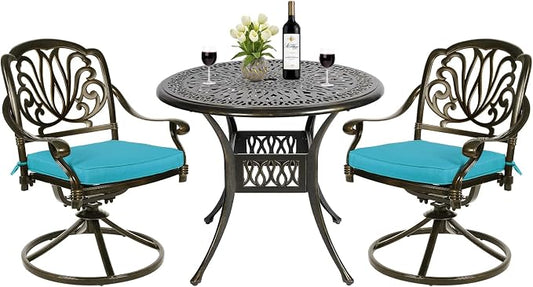 MEETWARM 3-Piece Outdoor Patio Dining Set, All-Weather Cast Aluminum Patio Conversation Set - 2 Cushions Swivel Rocker Chairs and 35.4" Round Table for Backyard Garden Deck, Umbrella Hole, Ocean Blue