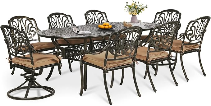 9-Piece Patio Dining Set, Outdoor Patio Table and Chair Set of 84” Oval Cast Aluminum Dining Table with Umbrella Hole, 6 Stationary, 2 Swivel Rocker Chairs, Patio Funiture Set for Backyard