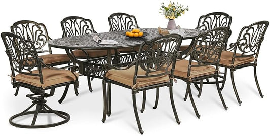 9-Piece Patio Dining Set, Outdoor Patio Table and Chair Set of 84” Oval Cast Aluminum Dining Table with Umbrella Hole, 6 Stationary, 2 Swivel Rocker Chairs, Patio Funiture Set for Backyard