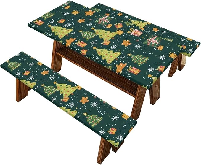 Christmas Picnic Table Cover with Bench Covers Autumn Outdoor Camping Tablecloth Water and Oil Repellent Elastic Waterproof Picnic Table Cover 3 Piece Set for 6 Foot Tables