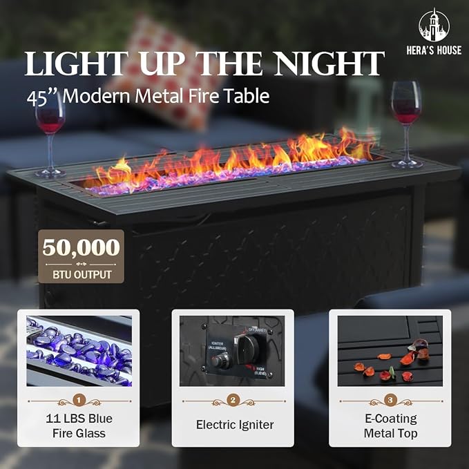 HERA'S HOUSE 6 Pieces Patio Furniture Set with Fire Pit Table, 2 x Single Chair, 2 x Ottoman, 3-Seat Sofa with 45" Fire Pit Table, Outdoor Conversation Set for Garden Poolside Backyard, Pacific Blue