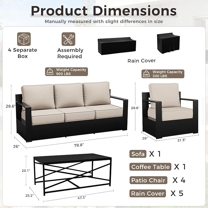 Outdoor Patio Furniture Set, 6-Piece Aluminum Patio Conversation Set All-Weather Metal Outdoor Sectional with 6 Inch Thick Cushions, Deep Setting for Garden, Outside and Porch, Beige