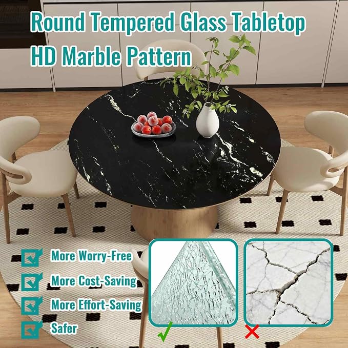 24 Inch Round Black Marble Glass Table Top, 8mm Thick Tempered Glass Tabletop for Dining Tables, Coffee Tables, Patio Tables