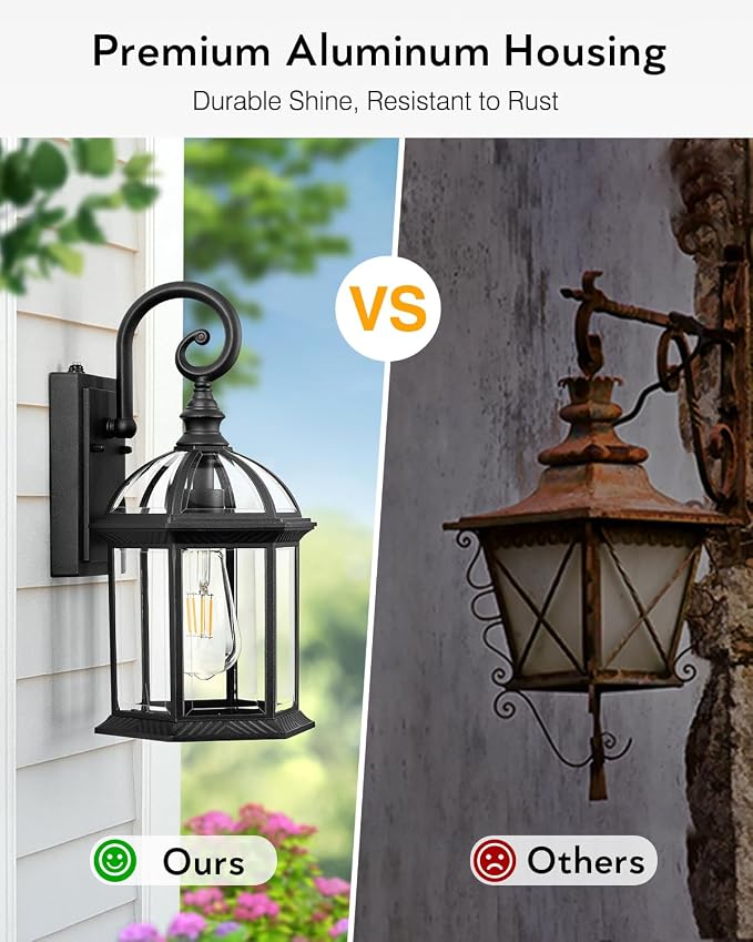 VIANIS 15.7" Large Outdoor Wall Lights, Black Exterior Lighting Fixtures with Tempered Beveled Glass, Anti-Rust Dusk to Dawn Outdoor Lighting for House, Waterproof Outdoor Sconce Lights for Porch