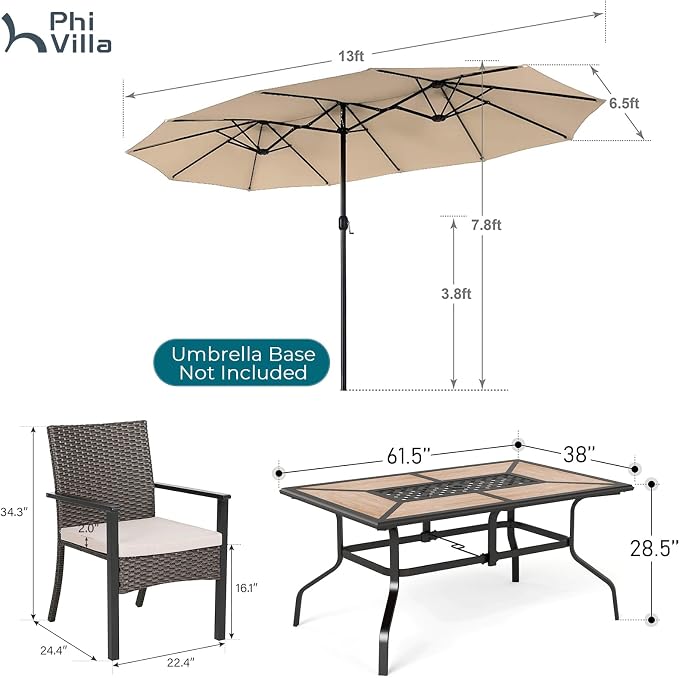 PHI VILLA 7pc Patio Dining Set with Umbrella, Wood-top Table, Rattan Chairs | 61" Wood-top dining table, 6 cushioned rattan wicker chairs, 13ft beige umbrella. Perfect for patio, deck, yard, or porch.