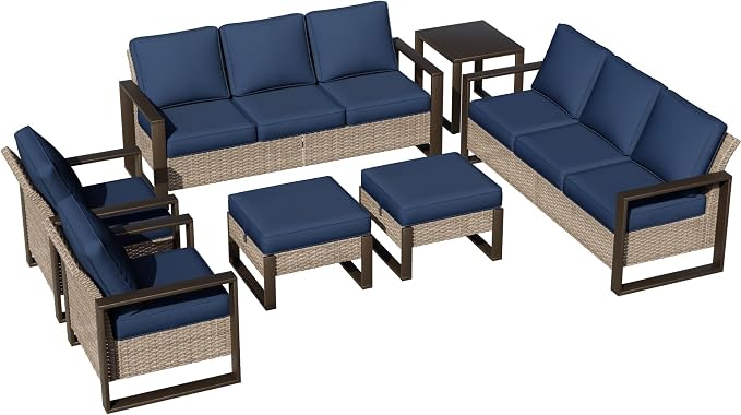 Joyside Outdoor Patio Chairs, 7 Pieces Wicker Rattan Furniture Set, 2 Patio Chairs, 2 Sofa, 2 Ottoman and 1 Table, Metal Wide Armrest, Thick Cushions and Deep Seating for Garden, Backyard, Porch