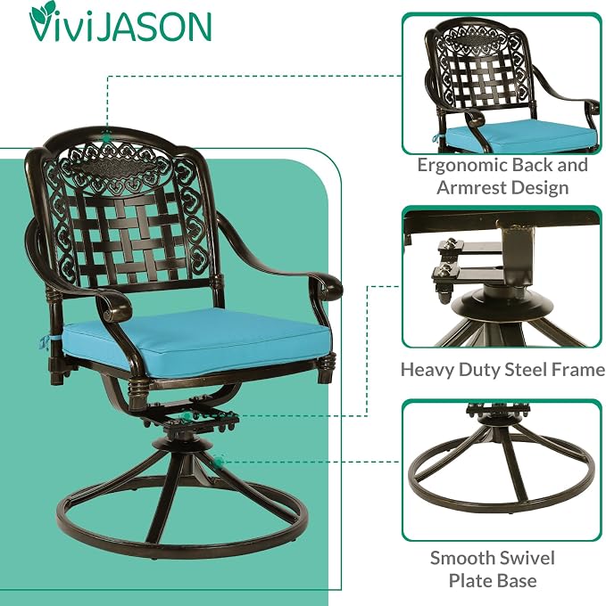 VIVIJASON 7-Piece Outdoor Furniture Dining Set, All-Weather Cast Aluminum Patio Conversation Set, Include 6 Swivel Dining Chairs and a Rectangle Table with Umbrella Hole, Ocean Blue Cushion