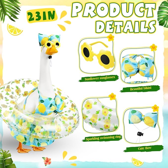 Bikini Porch Goose Outfits with Sunglasses and Swimming Tube for 23" Summer Goose Costume Garden Patio Statue Decor(Lemon)