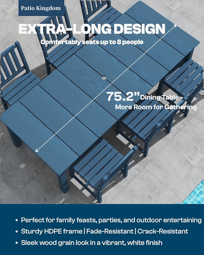 9-Piece HDPE Patio Dining Set for 8, 75.2" Table,Navy Blue | HDPE material, umbrella hole design, weather-resistant patio furniture, perfect for yard, lawn, garden, balcony, deck