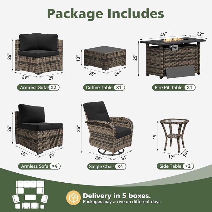 Aoxun 14 Piece Outdoor Patio Furniture Set with 44'' Fire Pit Table, Wicker Rattan Outdoor Furniture with High Back Swivel Rocker Chairs, Outdoor Conversation Set with Thick Cushion, Black