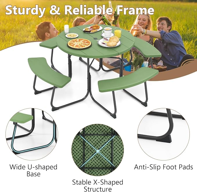 Moccha Picnic Table Bench Set - Outdoor Table and Chairs with Umbrella Hole, HDPE Tabletop & Metal Frame, Dining Table Set, Outdoor Camping Table for Garden Backyard Porch Patio Table Set (Green)