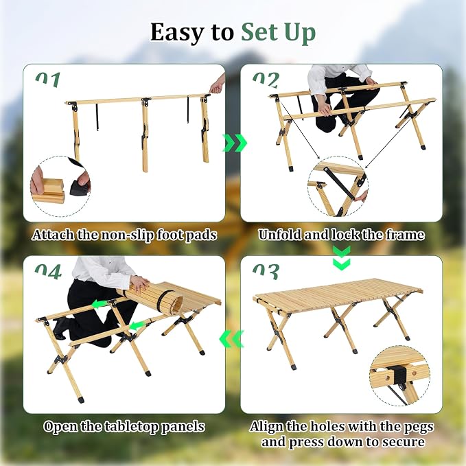 COSTWAY Folding Picnic Table, Portable 4ft Roll Up Camping Table with Storage Bag, for 4-6 People, Low Height Foldable Pine Wood Bench Table, for Indoor & Outdoor Party, BBQ & Hiking