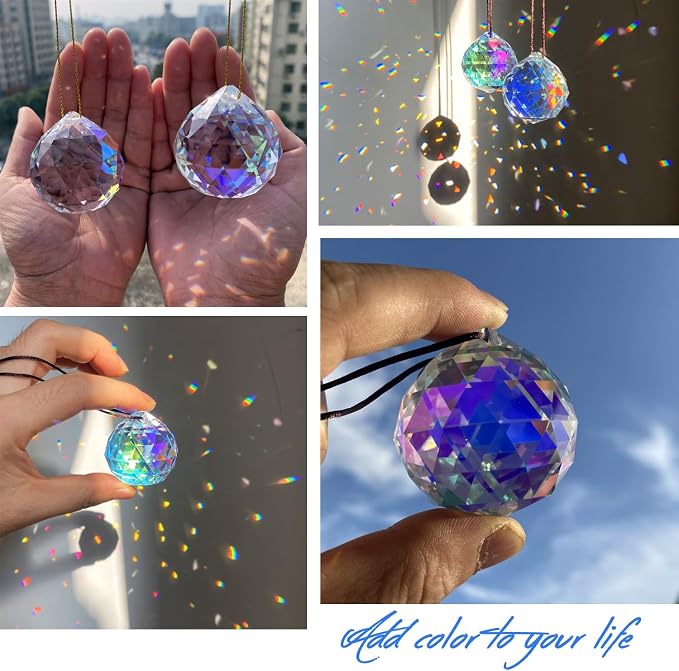 2PCS Ball Crystal Suncatcher Prisms for Windows (Ball ABColor) | AB Color, Transparent, K9 Glass, Rainbow Maker, with Hooks & Cord