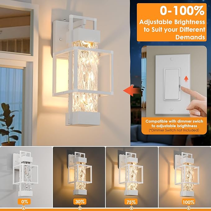 Hotsonic 2 Pack White Dusk to Dawn Outdoor Porch Light Fixtures Wall Mount, 14'' Dimmable Exterior Lighting for Outside, Waterproof Wall Lantern Lamps, Sconce Coach Lights for House, Garage