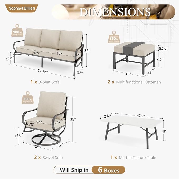 Sophia & William Patio Furniture Sets 7 Seats Outdoor Conversation Set 6 Pcs,2 x Cushioned Swivel Sofa Chairs,1 x 3-Seat Sofa,2 Ottomans, Marbling Metal Coffee Table Patio Backyard Poolside Beige
