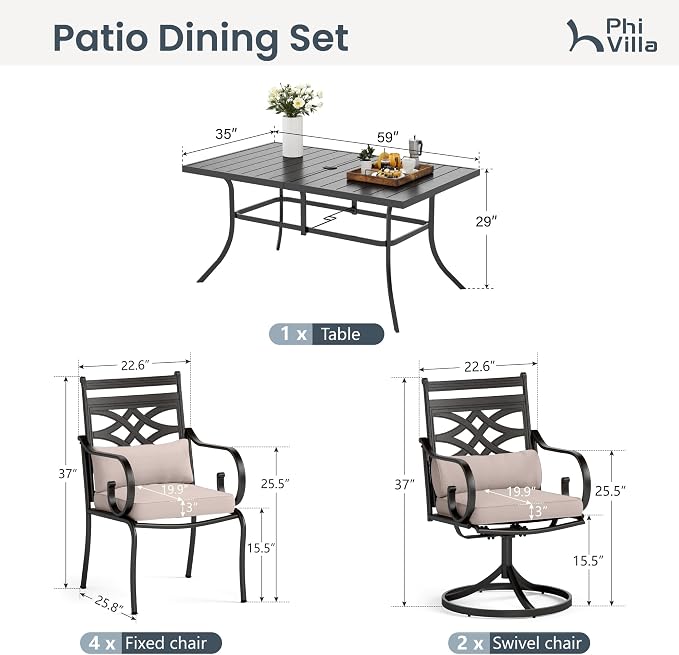PHI VILLA 7 Piece Patio Dining Set, 2 Swivel Chairs | Metal chairs, Metal table, Beige Cushion, Cushions, E-coated