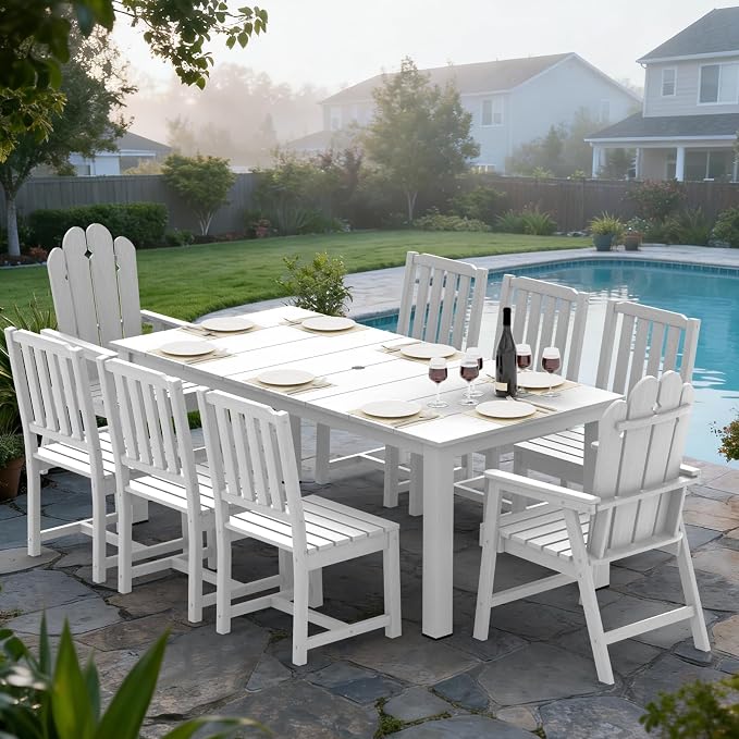 9 Piece Outdoor Table and Chairs Set, HDPE Dining Furniture, White | 75.2” table,8 seat outdoor dining table set, mixed chair HDPE and ALU, moisture and UV, low maintenance outdoor furniture