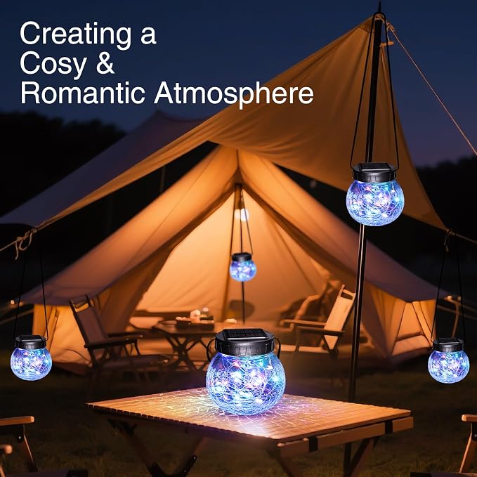 kolpop 2 Pack Solar Lantern Outdoor Lights, Multi-Coloured Solars Lanterns with 30 LED, Crackle Glass Ball Waterproof Hanging Solar Lights for Garden Decor Patio Fence Yard Christmas Tree Decoration