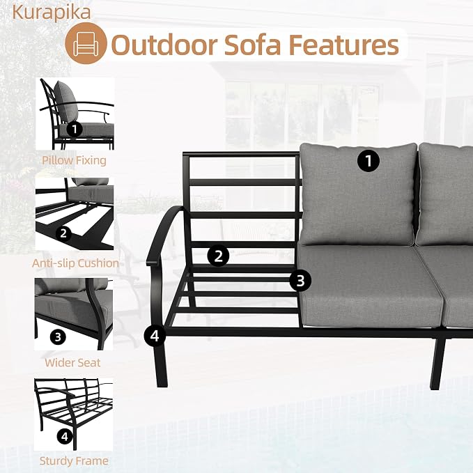Kurapika Metal Patio Furniture Set 5-Seat Modern Metal Bistro Set Outdoor Conversation Sets, 2 Piece Patio Rocker Chairs with Thick Cushion and Coffee Table for Garden Backyard Deck Lawn, Grey