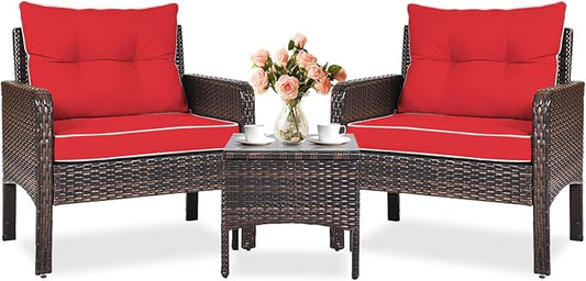 KOTEK 3 Piece Patio Furniture Set, Outdoor Wicker Conversation Bistro Set with 4 Cushions, All Weather PE Rattan Furniture Set for Garden, Backyard, Porch, Poolside (Red)