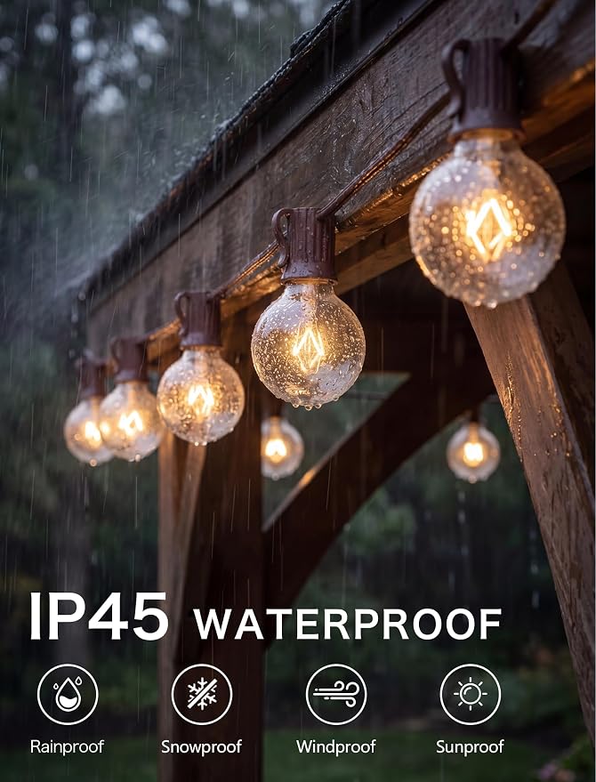 SUNSGNE 50Ft Outdoor Edison String Lights G40 Connectable Globe Lights with 53 Clear Globe Bulbs(3 Spare) for Indoor Outdoor Commercial Decor, 50 Hanging Sockets, 5W/E12 Base, Brown Wire