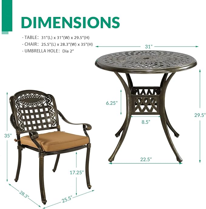 VIVIJASON 3-Piece Outdoor Patio Bistro Set, All-Weather Cast Aluminum Furniture Dining Sets Include 2 Cushioned Chairs and 31" Round Table w/Umbrella Hole for Balcony, Lawn, Garden, Backyard