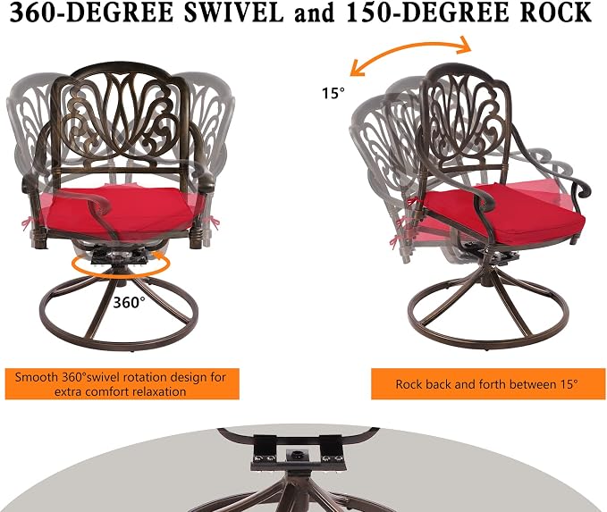 Grepatio 7 Piece Patio Dining Set Outdoor Cast Aluminum Furniture Set with 4 Chairs 2 Swivel Chairs and Umbrella Hole Table for Backyard Garden Poolside with 6 Cushion (Red)