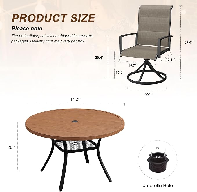 VICLLAX 7 Pieces Outdoor Dining Set, Patio Furniture Set Includes 47" Round Metal Table W/ 1.9" Umbrella Hole and 6 Padded Textilene Swivel Chairs for Porch, Lawn, Garden, Backyard