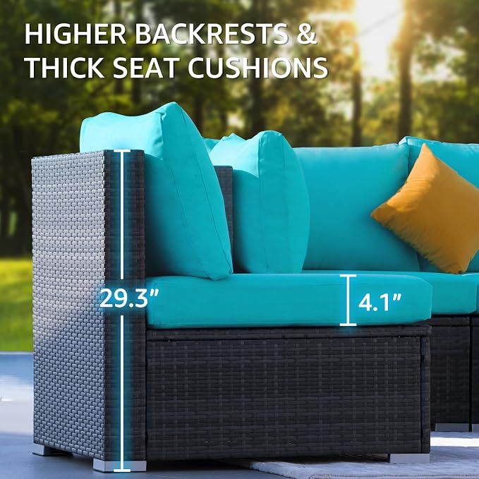 NICESOUL 13 Piece Outdoor Sectional Furniture with Firepit, Contemporary Back Yard Fireplace w/Seating Area, Plus Size 29.3'' High Back Patio Set, All-Weather Wicker Couch for Exterior, Gray & Teal