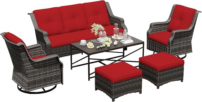 6 Pieces Patio Furniture Set, Outdoor Furniture Set with 2 Patio Swivel Rocking Chairs, 2 Ottoman, 1 Outdoor Wicker Sofa, 1 Metal Table, Ideal for Backyard, Garden, Poolside, Red