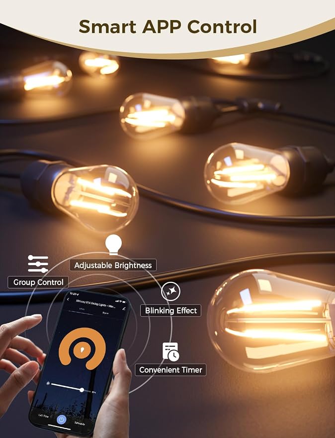XMCOSY+ Outdoor String Lights,72.5FT Smart Dimmable Edison Bulb Patio Light | Smart App & Voice Control LED String Lights, Custom Schedules, Dimming, Warm White Light for Outside, Yard,Porch, Warerproof