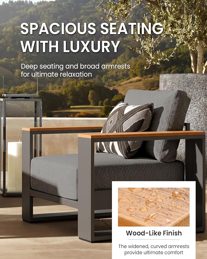 Oversized Aluminum Patio Furniture, 1 Piece Luxury Outdoor Furniture with 7.1" Extra Thick Cushion, Modern Outdoor Sectional 3-Seat Sofa for Porch, Garden and Deck, Gray