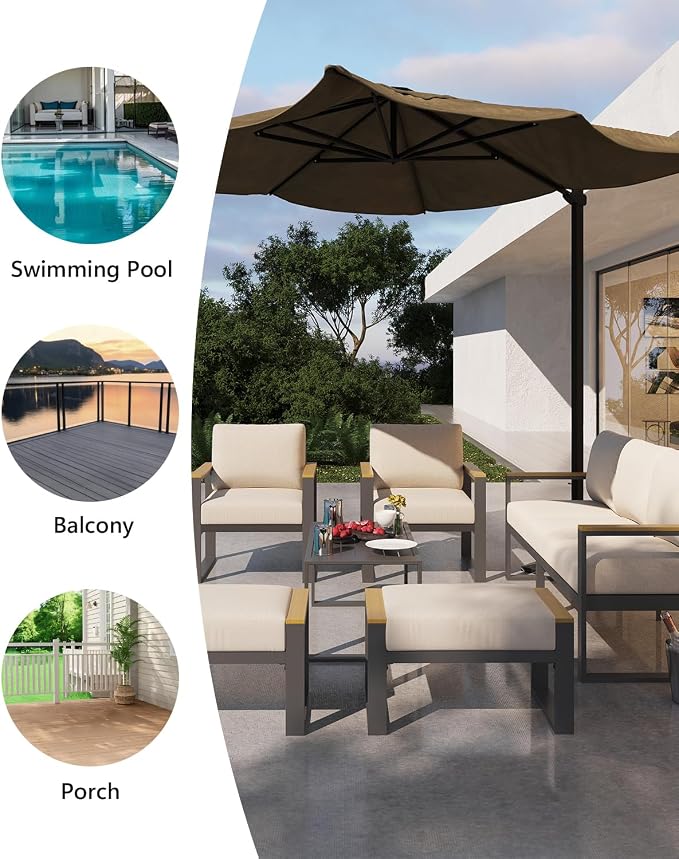 Garvee Aluminum Outdoor Patio Furniture Set with Coffee Table | 5 Piece Patio Conversation Sets with Washable Thick Cushions, Outdoor Sectional Furniture Set for Porch, Balcony, Deck, Yard,