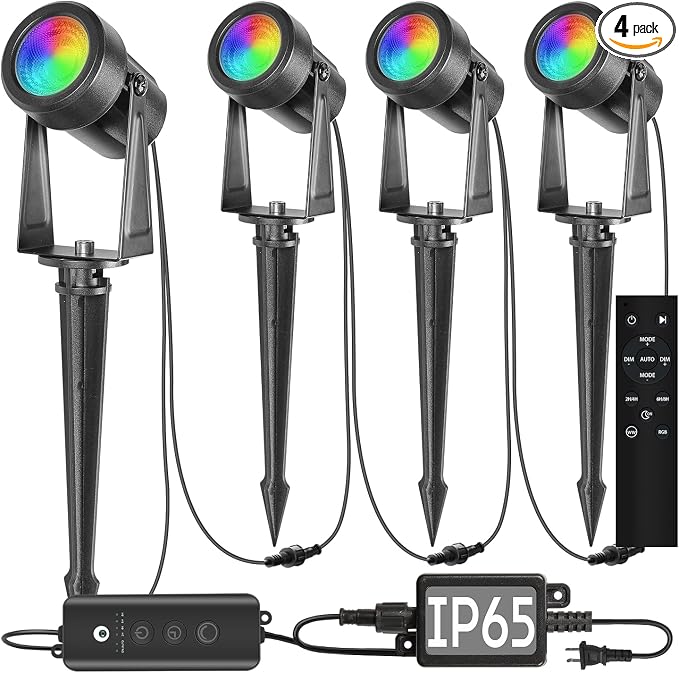 SUNTHIN 4 Pack Outdoor RGBW Landscape Lights, Color Changing Spot Uplights | Dusk to Dawn Sensor Controller with Remote, IP65 Waterproof Outdoor LED Yard Lights for Garden, Trees & Pathway