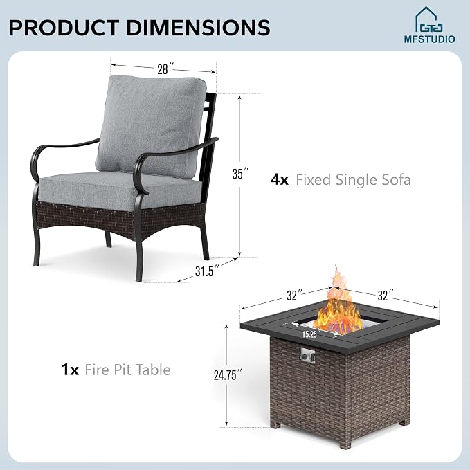 MFSTUDIO 5 Pieces Outdoor Patio Furniture Set, Metal Outdoor Conversation Sofa, Rattan Wicker Patio Sectional Sofa Set with 4 x Fixed Single Sofa, 1 x Fire Pit Table, Grey