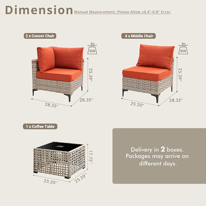 7 Pieces Patio Sectional Furniture Set, Outdoor Wicker Sectional Couch with Solar Lights Table, Modern Conversation Set for Porch Balcony Backyard, Orange