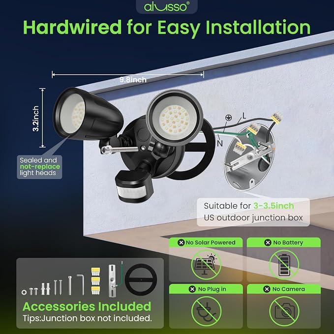ALUSSO Motion Sensor Outdoor Lights Metal Heads, 30W 3600LM Flood Lights Outdoor 120V, 3 Modes Dusk to Dawn/Auto/On Time, 3000K 4000K 6500K Adjustable, Hardwired Security Light ETL Listed, Black 1PC