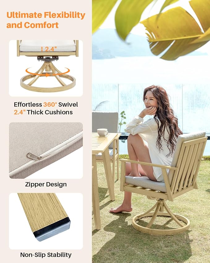 9 Pieces Outdoor Dining Set for 8, Never-Rust Aluminum Patio Dining Set with 2.2" Umbrella Hole, Outdoor Patio Furniture Set with 2 Swivel Chairs for Decks, Garden, Backyard, Maple Wood