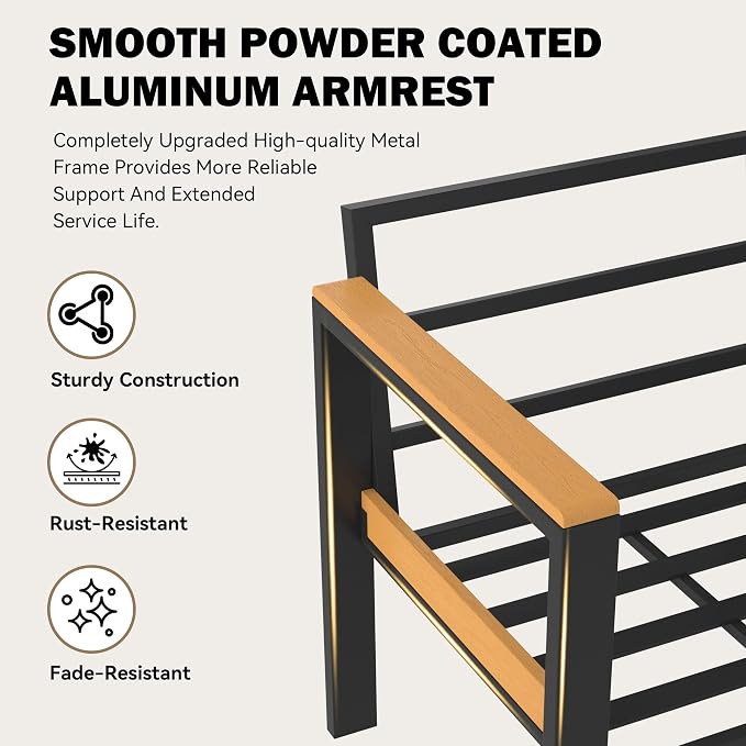 HOMREST Aluminum Outdoor Bench, Metal Oversized Patio Bench with Washable Cushions, Patio Conversation Set with Special Anti-Heat Armrest, Gray