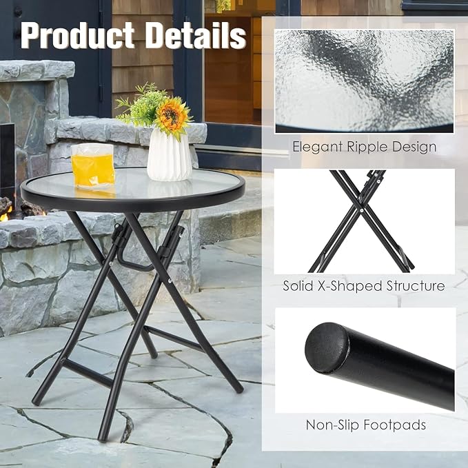 LDAILY Folding Outdoor Side Table, Round Small Bistro Table with Tempered Glass Tabletop, Anti-Slip Foot Pads, Steel Frame, Foldable Patio Table for Garden, Balcony, Backyard, Porch, Black